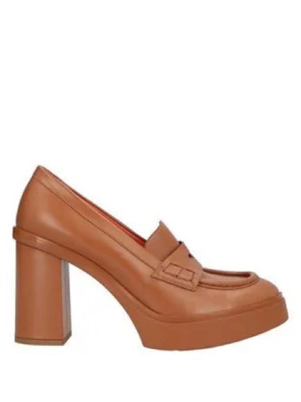 Camel leather Santoni block heeled platform loafers size 37 fits like 38